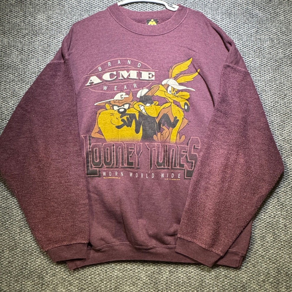 Vintage 1997 Looney Tunes Acme Wear Sweatshirt XL Maroon Taz Daffy Made in USA